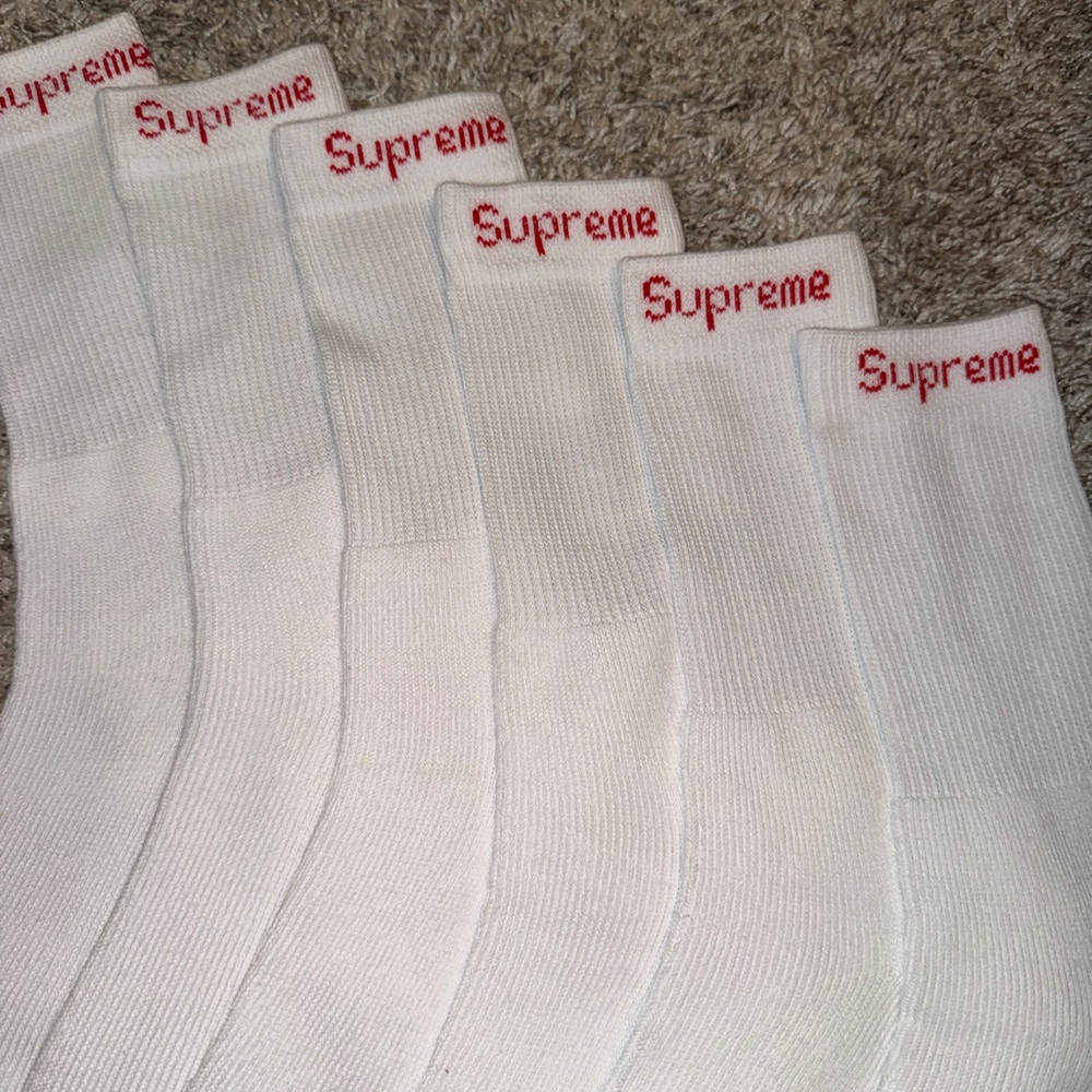 Supreme White Crew Socks with Red Logo - Set of 3